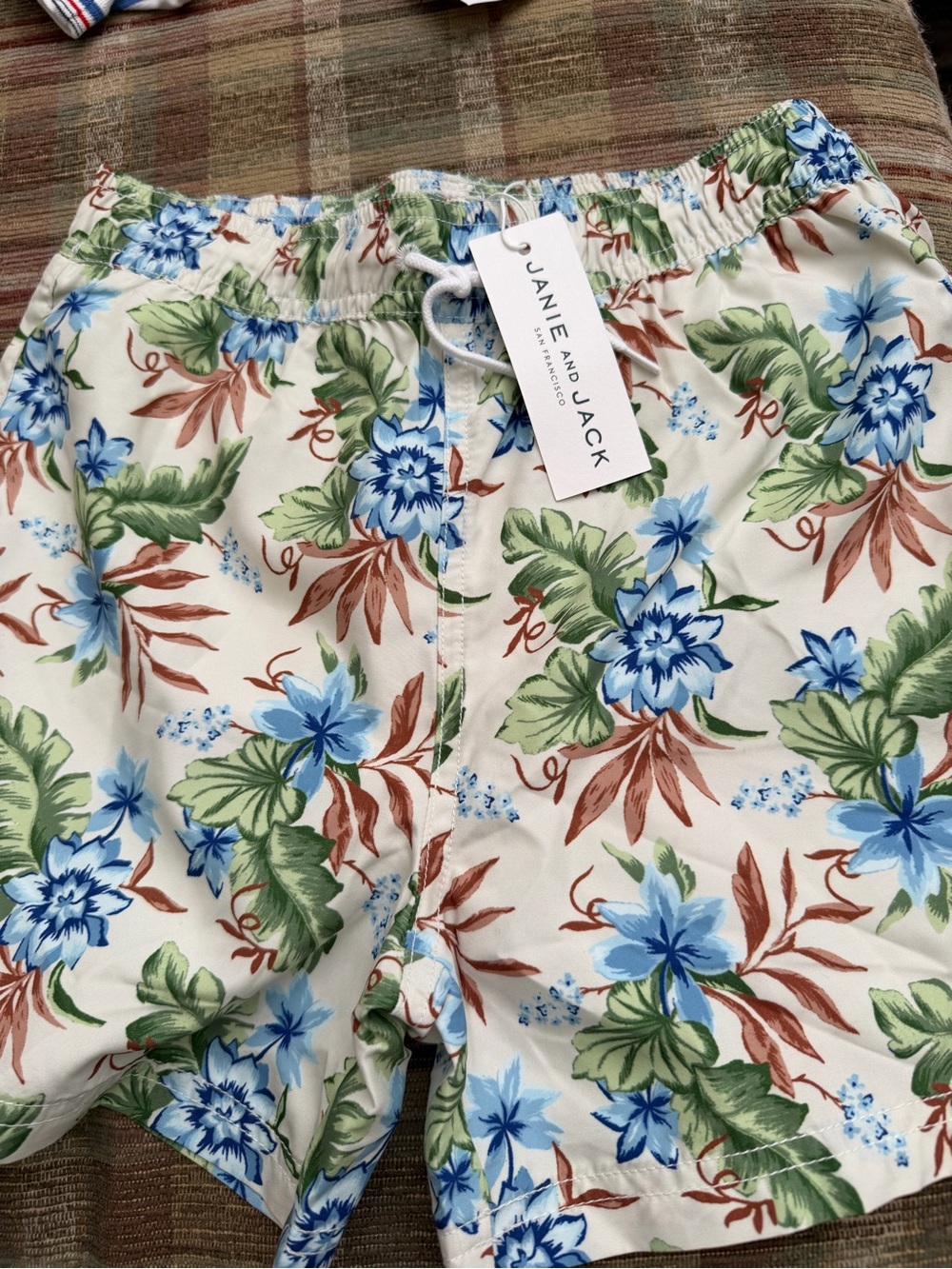 Janie and Jack Cream Swim Trunks with Blue, Green & Brown Floral Print